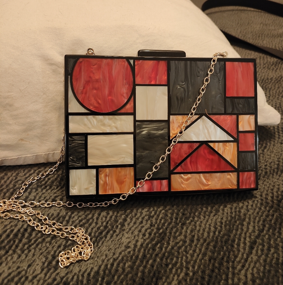 Lucite Look Geometric Mosaic Clutch with Chain